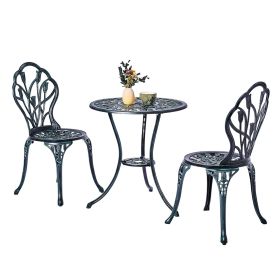 3 PCS Outdoor Bistro Set, All-Weather Cast Aluminum Tulip Bistro Table and Chairs Set of 2, Patio Bistro Set for Backyard, Garden, Balcony (Green