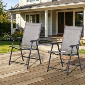 2-Pack Gray Outdoor Folding Chairs with Armrests Stackable Patio Dining Chairs Metal Frame for Garden Or Deck